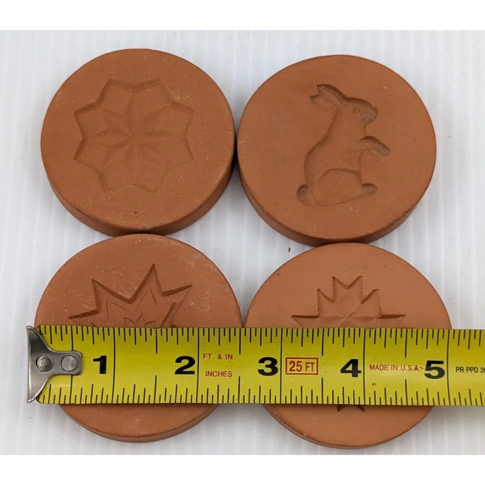 4 Vintage Rycraft Round Terra Cotta Cookie Mold Stamp Bunny Quilt Snowflake LOT